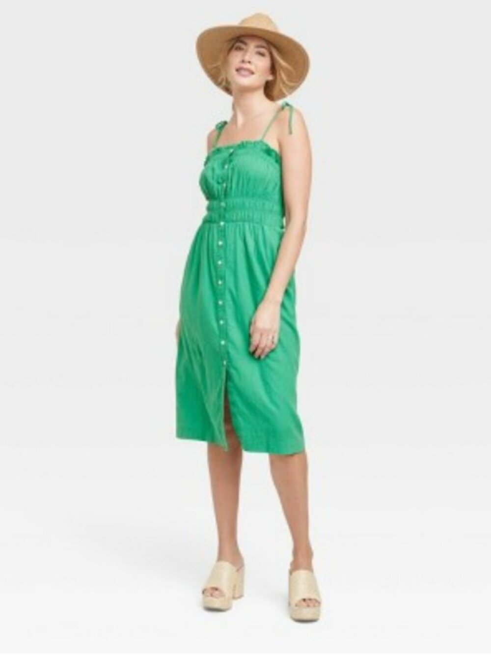 Universal Thread Sundress Green Adjustable Tie-Shoulder Smocked Bodice Size XL